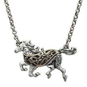 2 Tone Running Horse Western Theme Filigree Swirl Silver & Gold Tone Necklace